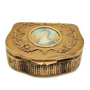 Antique French Gilded Brass Portrait Trinket Box w/ Hand Written Signature A2672